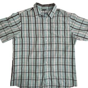 R&R Casual Mens XL Short Sleeve Button Down Shirt Turquoise Blue Plaid Check
